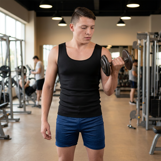 Chaleco deportivo térmico de neopreno en una pose activa de gimnasio