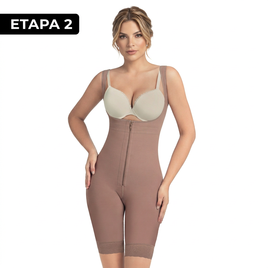 Vista frontal de faja marrón hasta la rodilla con avatar TUFIT e insignia ETAPA 2