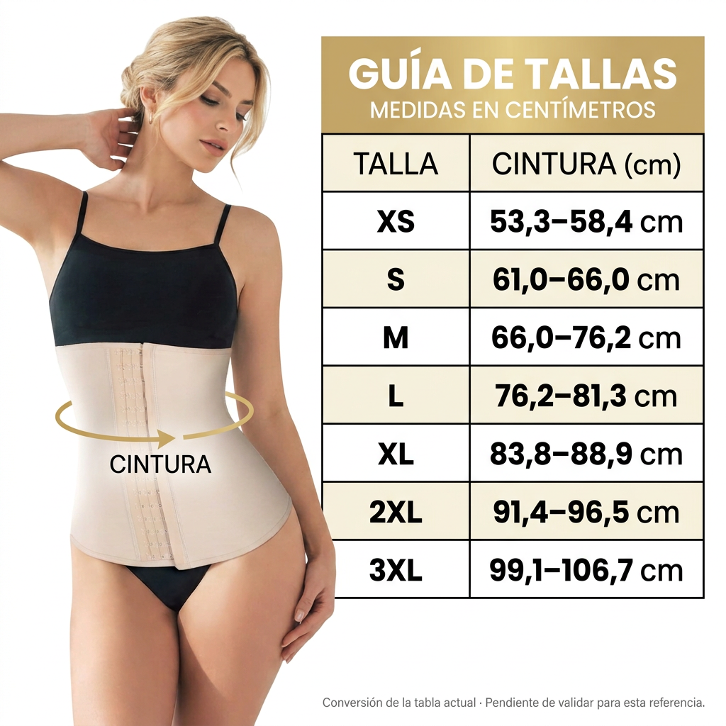 Guía de tallas de cintura en centímetros para cinturilla C-3089. Conversión de la tabla actual pendiente de validar para esta referencia.