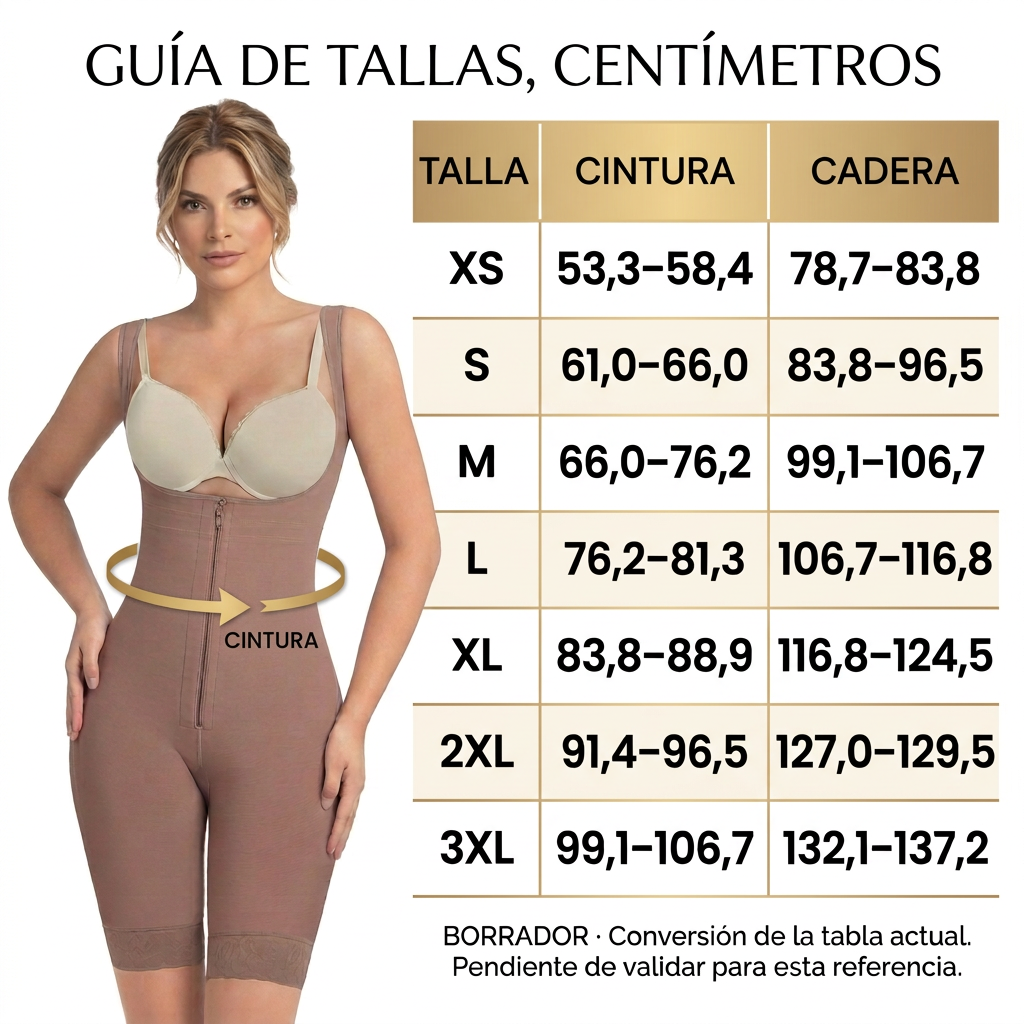 Guía de tallas en centímetros con avatar y flecha de cintura. Borrador de conversión pendiente de validar para esta referencia.