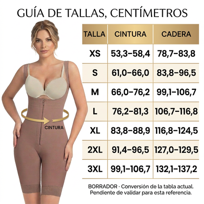 Guía de tallas en centímetros con avatar y flecha de cintura. Borrador de conversión pendiente de validar para esta referencia.