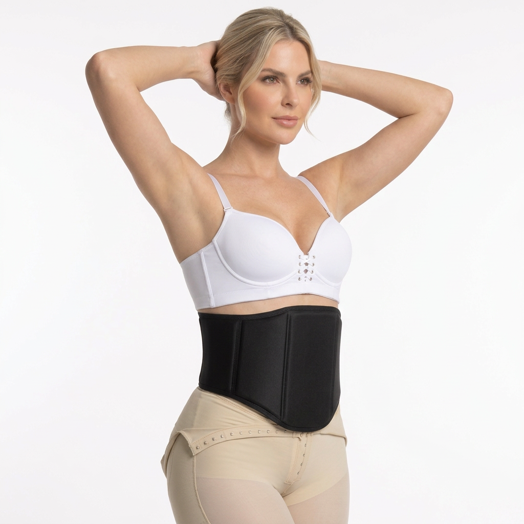Mujer usando el fajón postquirúrgico de soporte lumbar TUFIT Ref. F01 en color negro sobre prenda beige