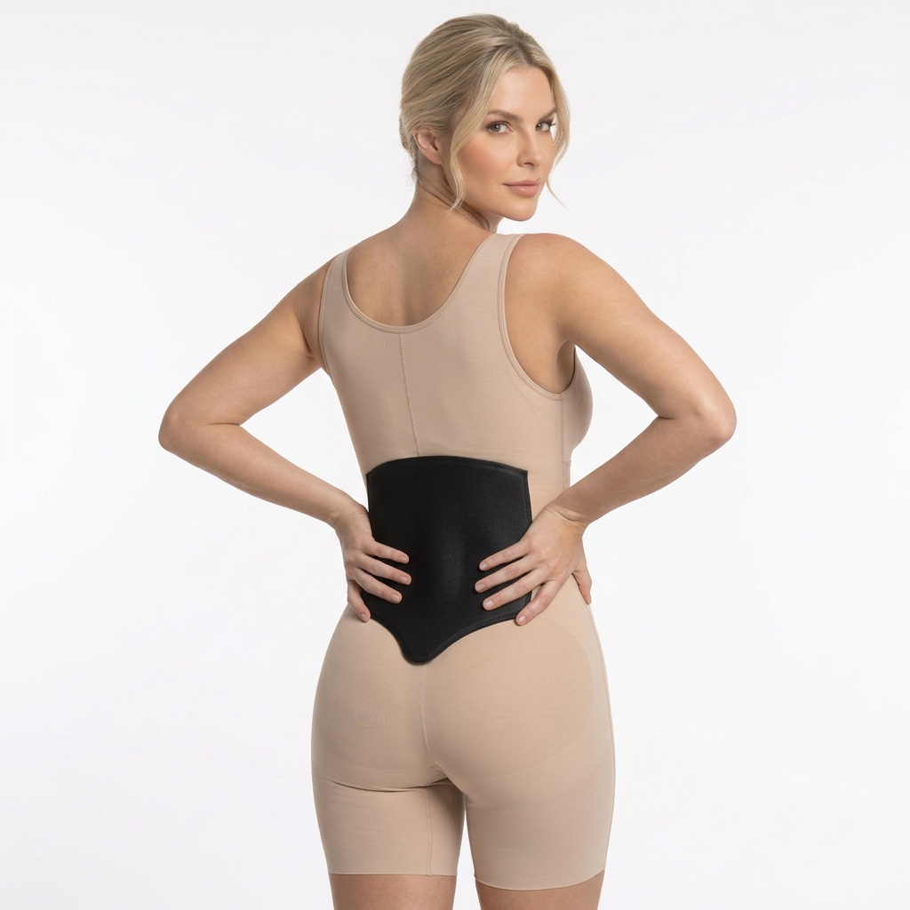 Mujer usando el moldeador lumbar de espuma TUFIT Ref. TL01 sujetándolo con las manos sobre la zona lumbar
